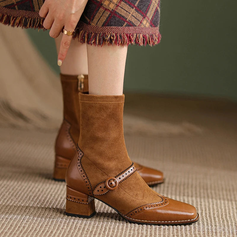 Women's Genuine Leather Buckle ZIP Brogues Retro Round Toe Thick Heel Ankle Boots