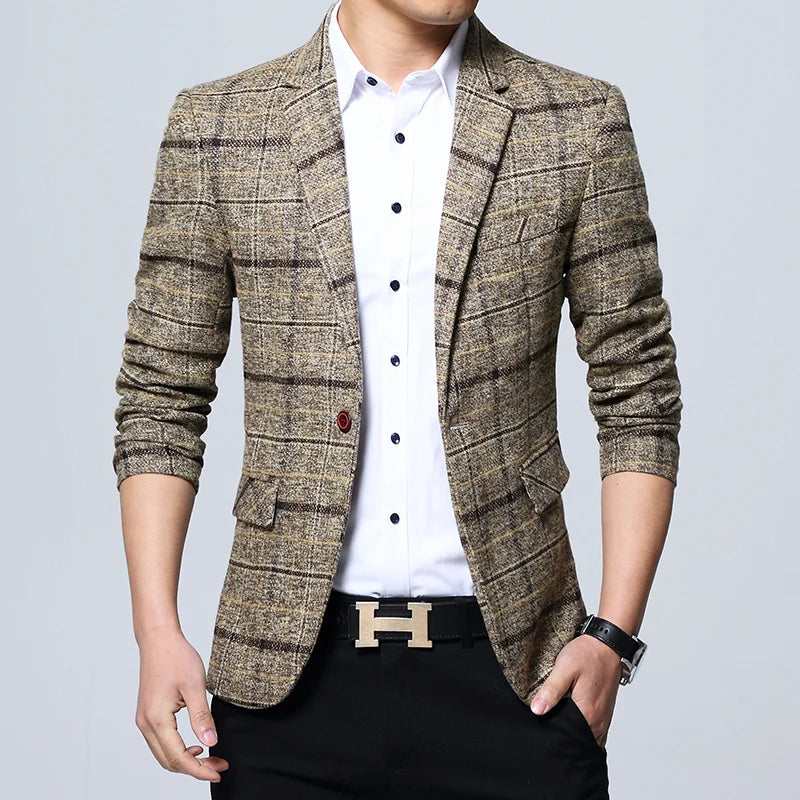 Men Blazers Slim Fit Plaid Blazer Jacket