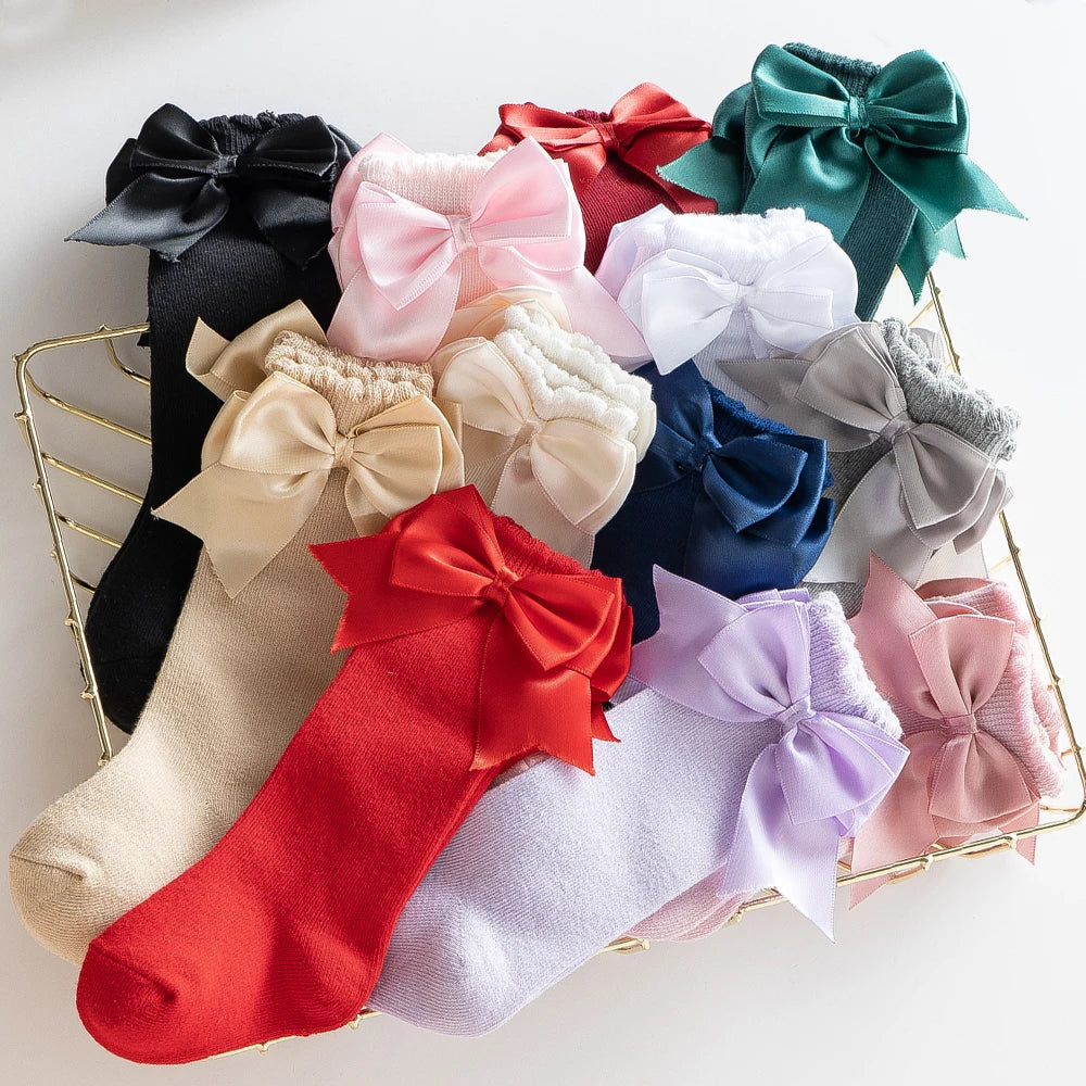 10 Colours Baby Girls Autumn Stockings 0-2Y Solid Mid-Calf Length with Bowknot