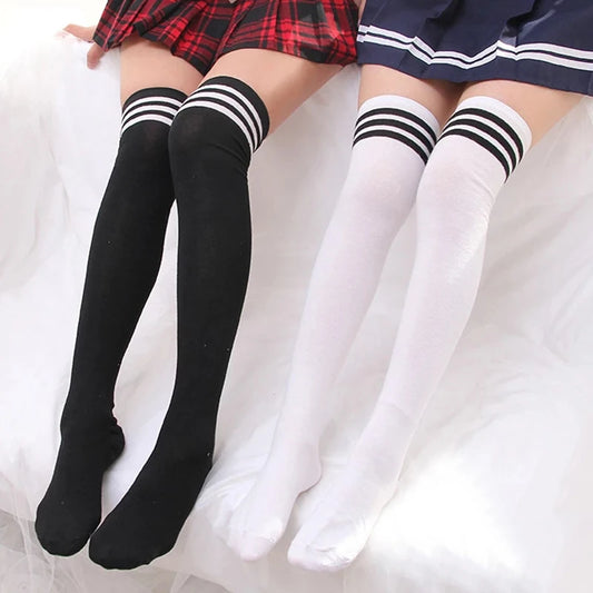 Women's Black White Striped Long Socks - Over Knee Thigh High Over The Knee Stockings Warm Knee Socks