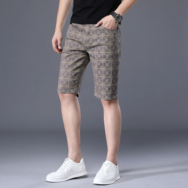 Men's Thin Plaid Shorts Men Knee Length Pants Straight Beach Short 98%Cotton Blue Plaid Patchwork Pant Male