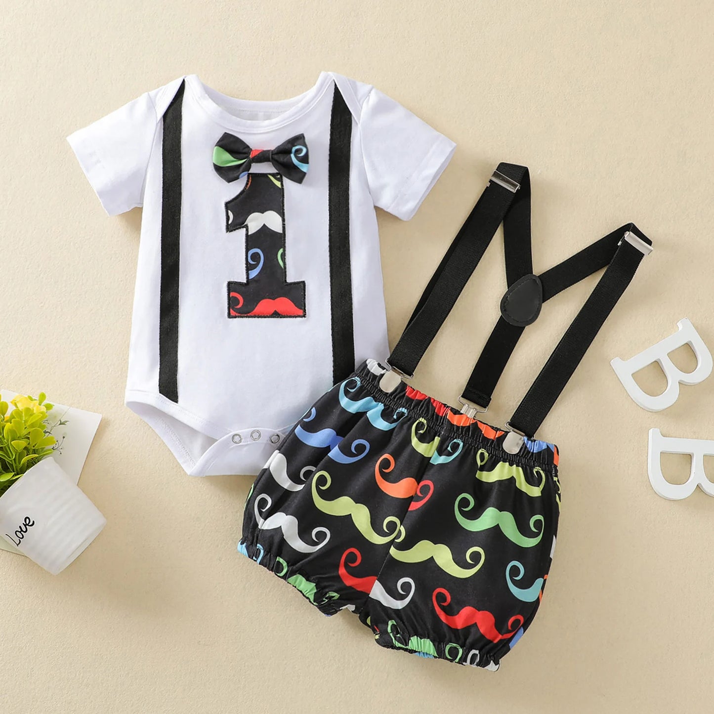 Baby Boy's 1st Birthday Outfit Set - Cartoon Print Romper with Bowknot & Overalls