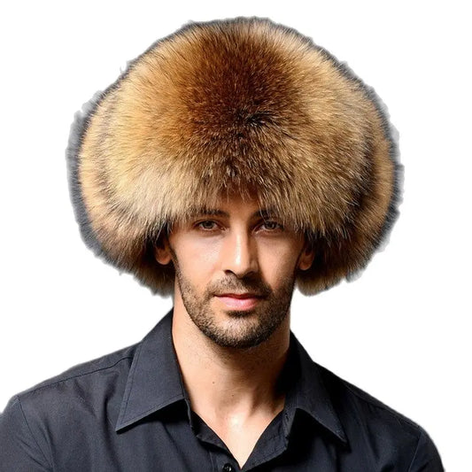 Leather Bomber With Earmuffs Trapper Earflap Cap - Natural Warm Thick Fux fur