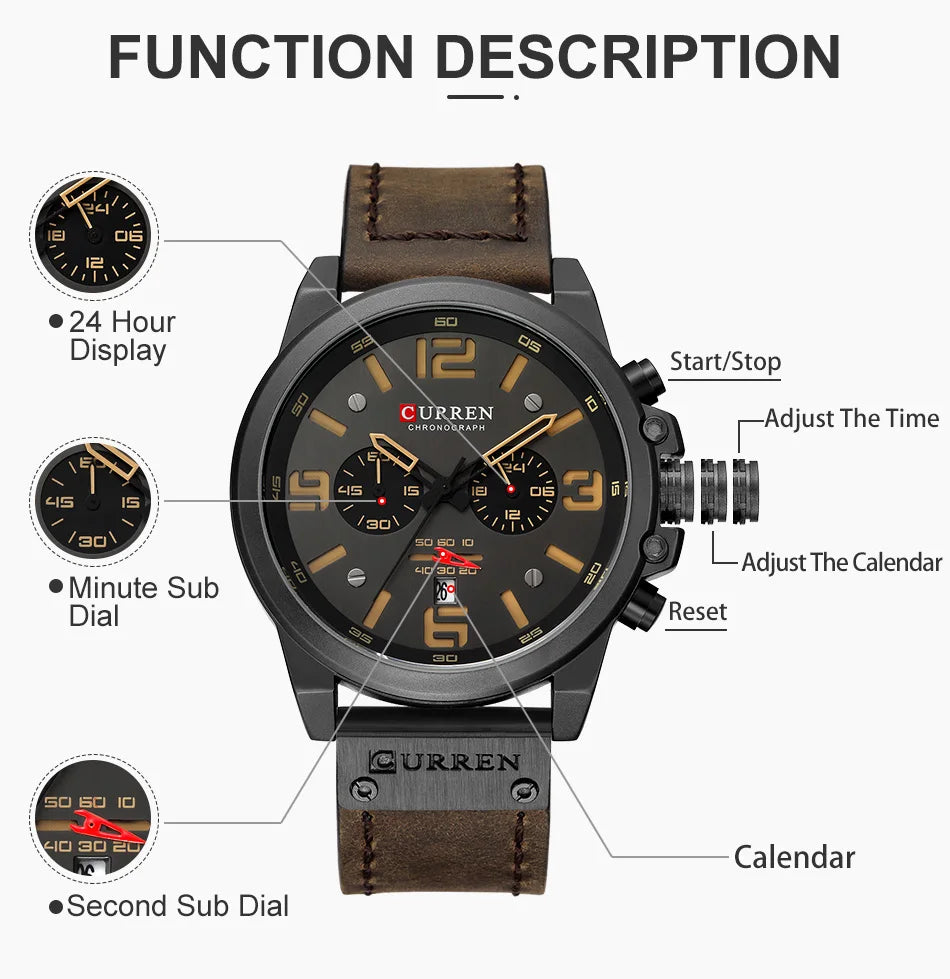 Men's Military Sports Watch - Chronograph Waterproof with Genuine Leather Strap