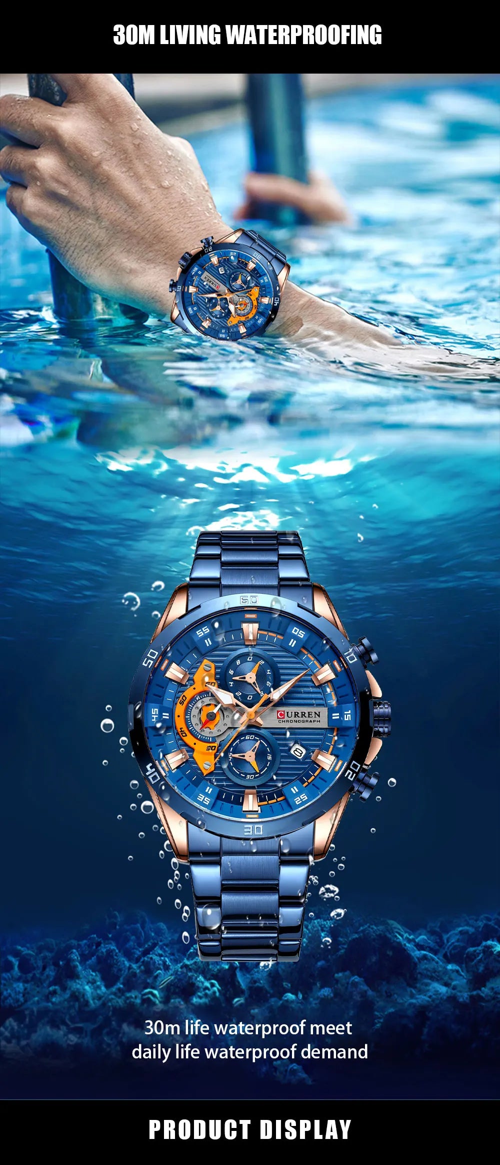 Men's Sports Watch - Full Steel Waterproof Chronograph Quartz