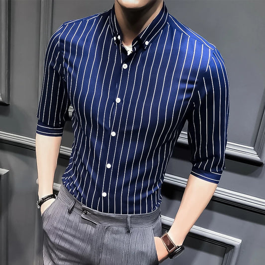 Men's Spring Summer Three Quarter Casual Striped Slim Fit Square Collar Shirt