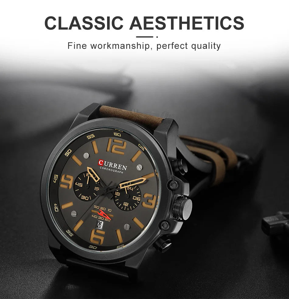 Men's Military Sports Watch - Chronograph Waterproof with Genuine Leather Strap