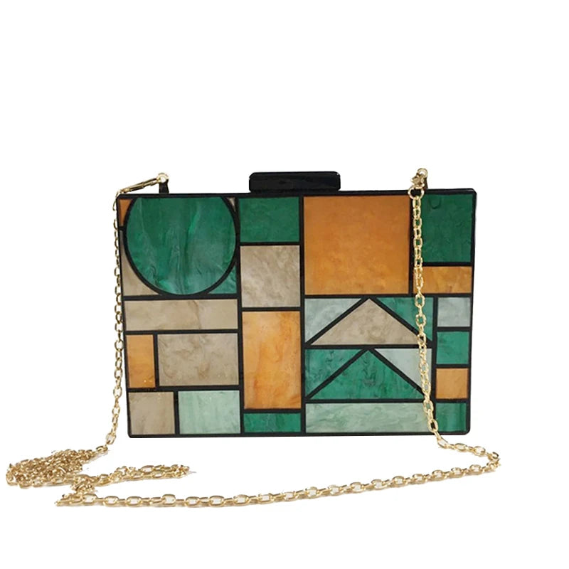 Luxury Acrylic Evening Bag - Chic Multicolour Patchwork Crossbody Clutch with Chain
