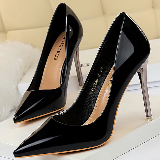 Black Patent Leather Stiletto Pumps - 10.5cm High Heels Plus Size Available