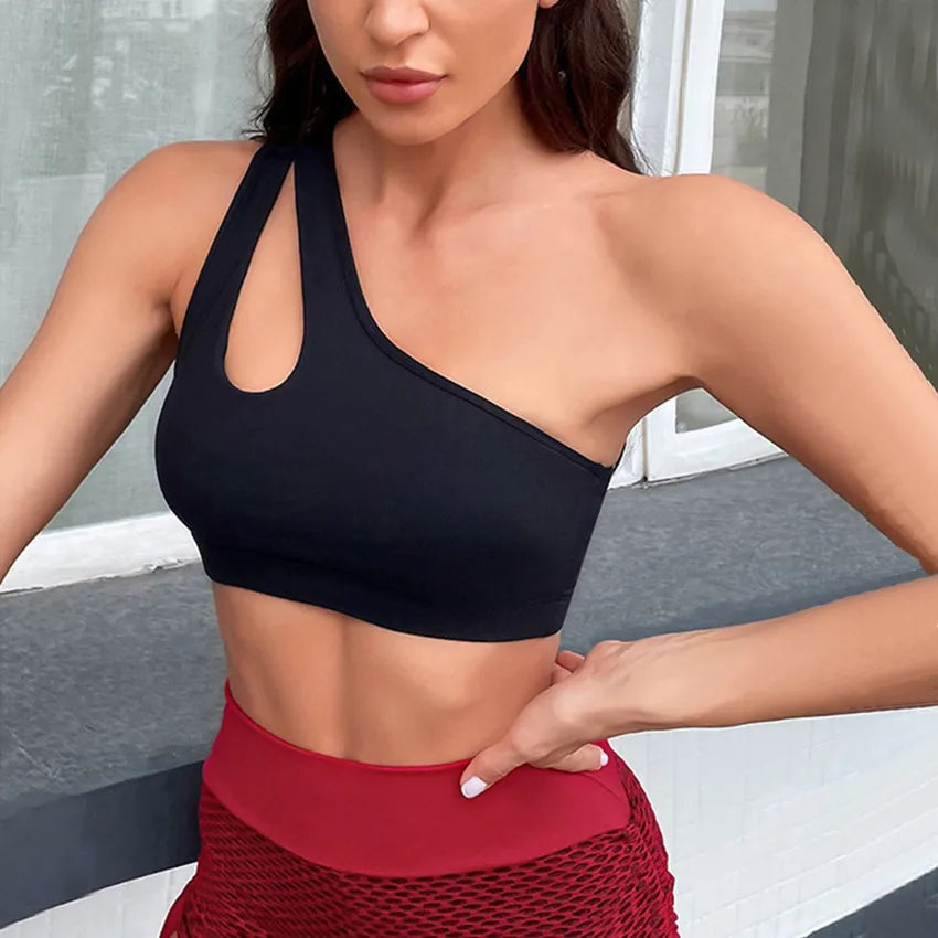 Women One Shoulder Mesh Patchwork Sports Bra Top Bodycon Gym Sports Crop Top