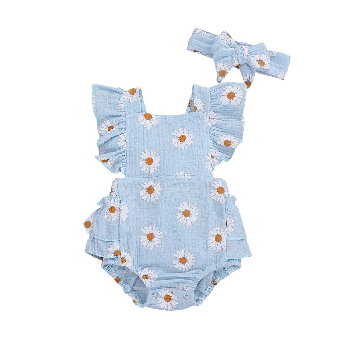 Newborn Baby Bodysuit with Headband - Floral Print Short Sleeve Backless Jumpsuit