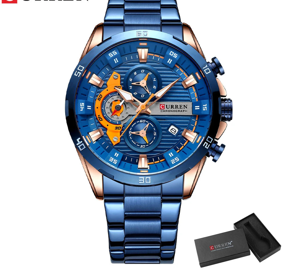 Men's Sports Watch - Full Steel Waterproof Chronograph Quartz