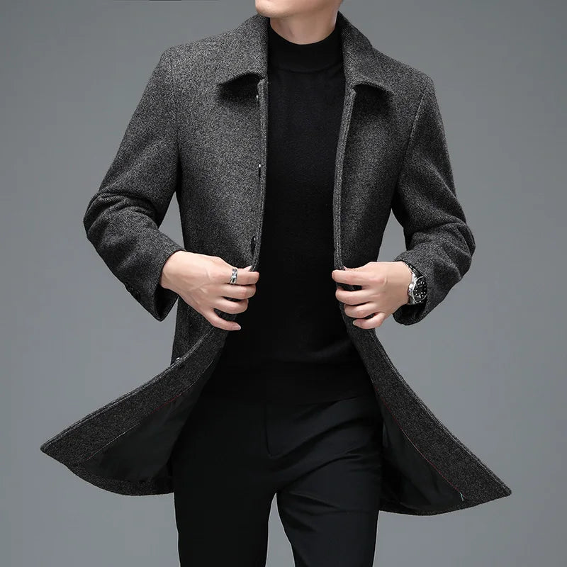 Men's Winter Long Overcoat Turn Down Collar Wool Blends Jacket