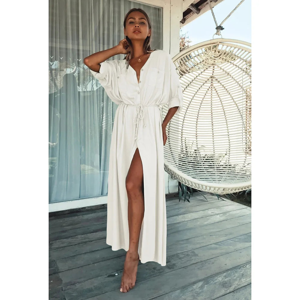 Bikini Cover-Ups Elegant Hollow Out Deep V-neck Summer Beach Dress Cotton Tunic Women's Beachwear Swimsuit Cover Up