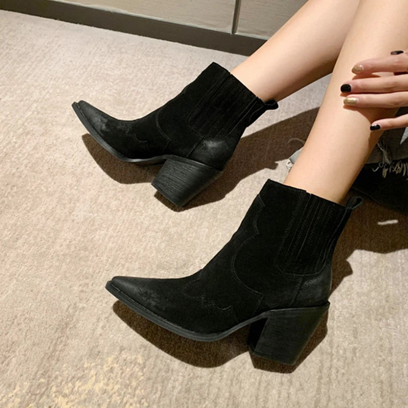 Women's Leather Pointed Toe Mid Heel Ankle Thick Square Heel Slip On Western Cowboy Boots