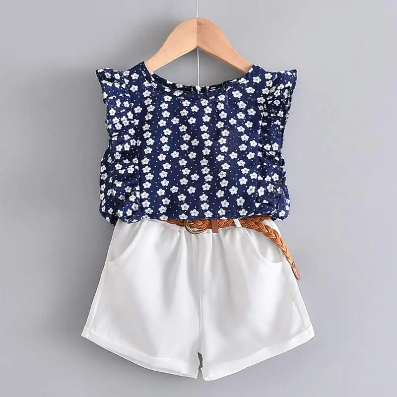 Children's Chiffon Flowers Blue T-shirt Pants Girls Clothing Sets Kids Summer Set for 3-7 Years