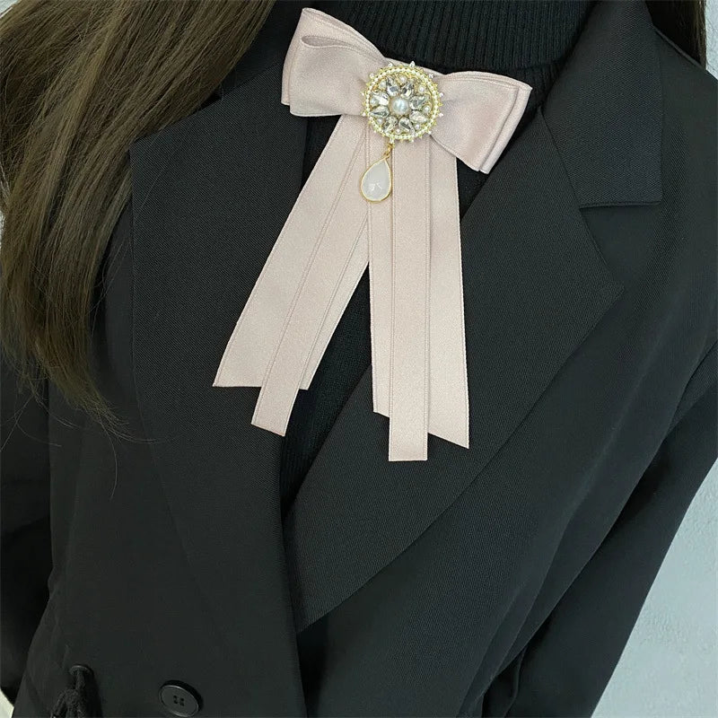 Ribbon Fabric Bow Tie Brooch - Crystal College Style Collar Pin
