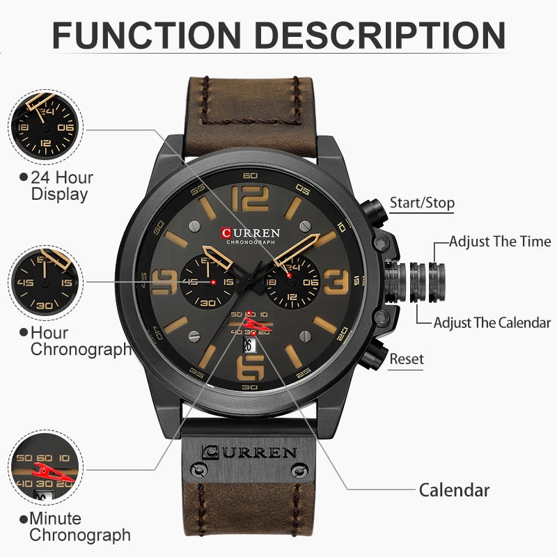 Men's Military Sports Watch - Chronograph Waterproof with Genuine Leather Strap