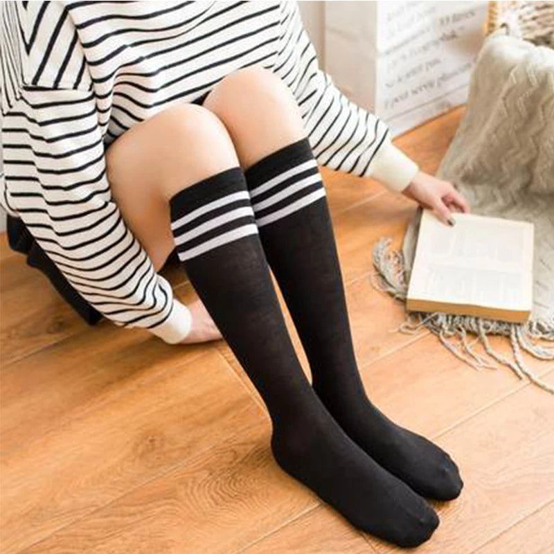 Women's Black White Striped Long Socks - Over Knee Thigh High Over The Knee Stockings Warm Knee Socks