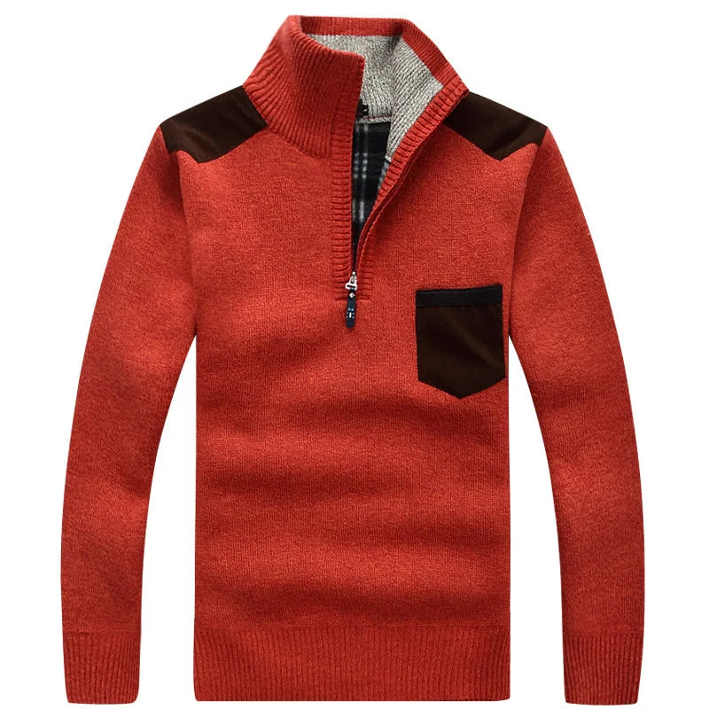 Men's Knitted Wool Fleece Thick Casual Pullover Patchwork Warm Pocket  Standing Collar Sweater
