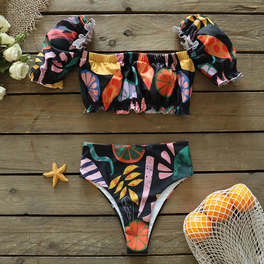 Women's Puff Sleeve Bandeau Swimwear Printed High Waist Bikini Set