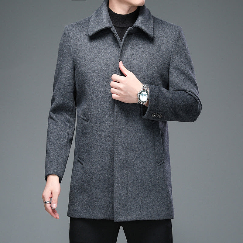 Men's Winter Long Overcoat Turn Down Collar Wool Blends Jacket