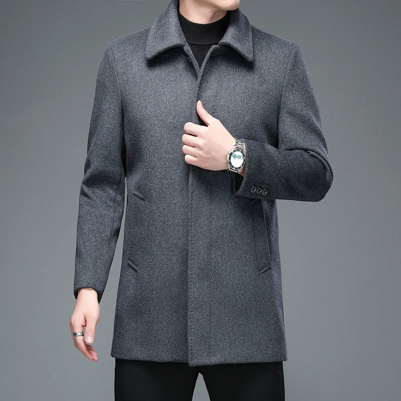 Men's Winter Long Overcoat Turn Down Collar Wool Blends Jacket