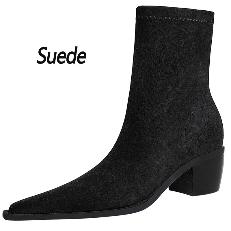 Suede Ankle Boots - Pointed Toe Thick Heel Autumn Boots for Women