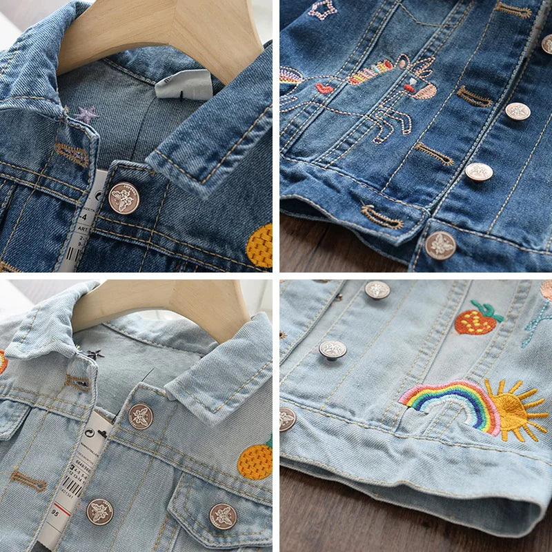 Girls Kids Cartoon Coat Embroidery Denim Jacket for 3-8Y