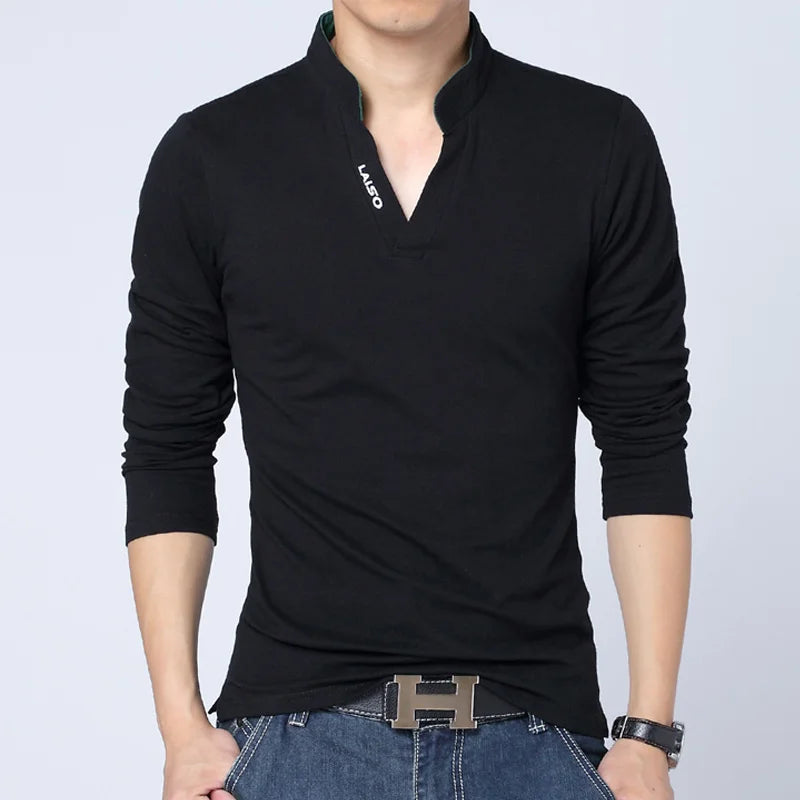 Men's Cotton t Mandarin Collar Long Sleeve T-Shirt