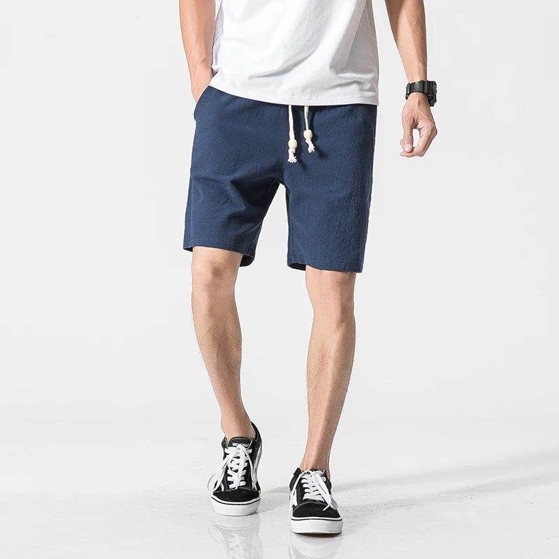 Men Cotton Linen Casual  Summer Breathable Comfortable Drawstring Soft Shorts