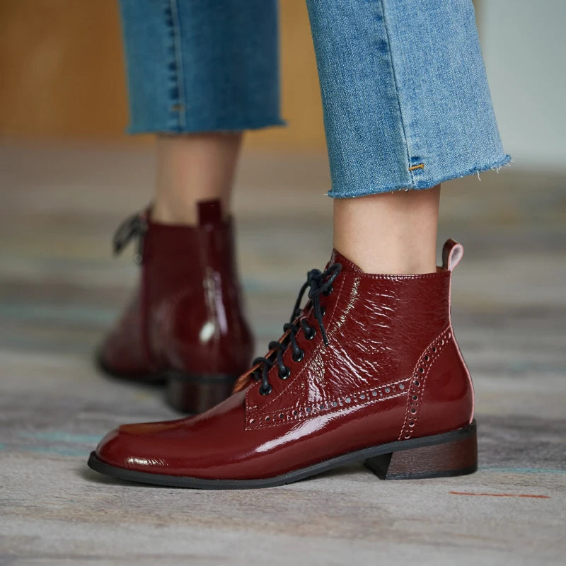 Women's Genuine Leather Round Toe Lace Up Ankle Boots