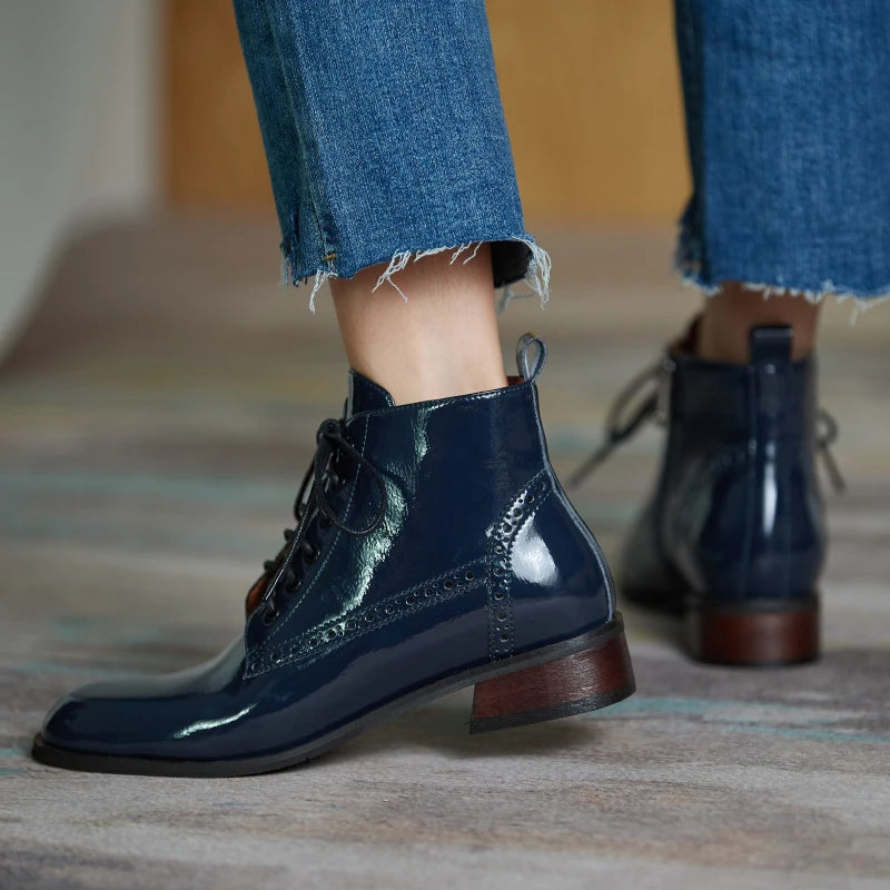 Women's Genuine Leather Round Toe Lace Up Ankle Boots