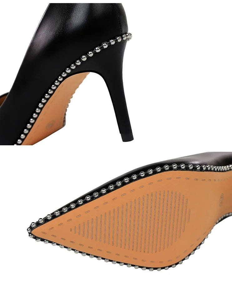 Women's Rivets String Bead PU Leather High Heels Shoes
