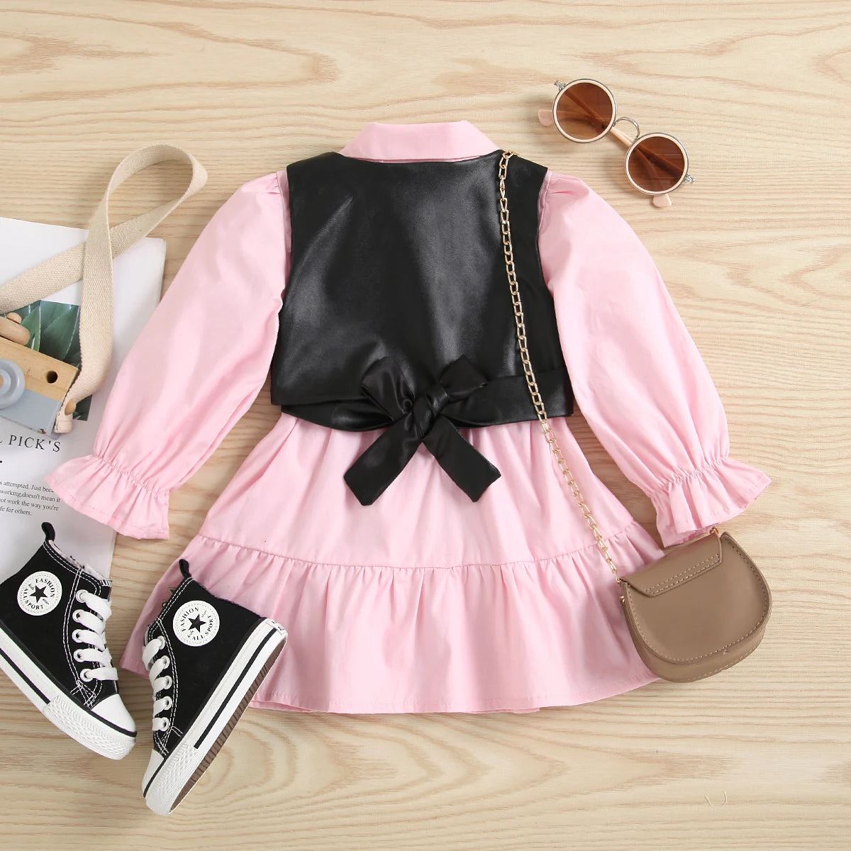 Kids Girls Dress 2pcs Outfits 1-6Y - Solid Single Breasted Shirts Dress with PU Leather Vest