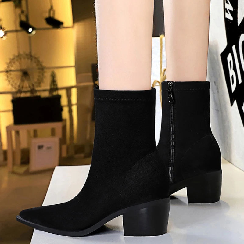 Suede Ankle Boots - Pointed Toe Thick Heel Autumn Boots for Women