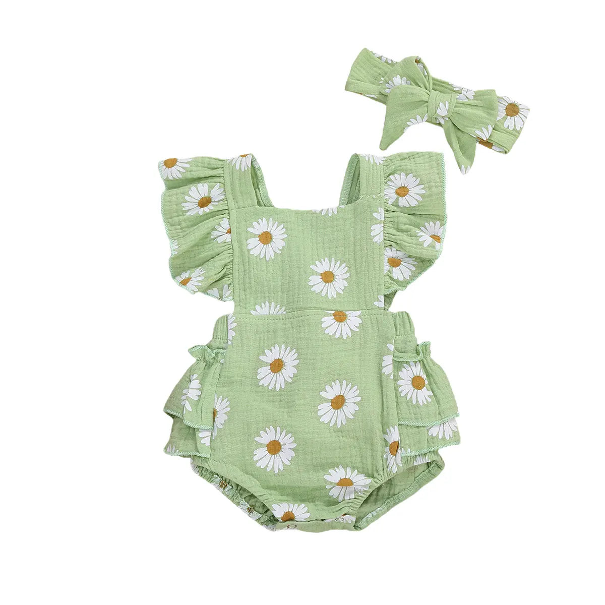 Newborn Baby Bodysuit with Headband - Floral Print Short Sleeve Backless Jumpsuit