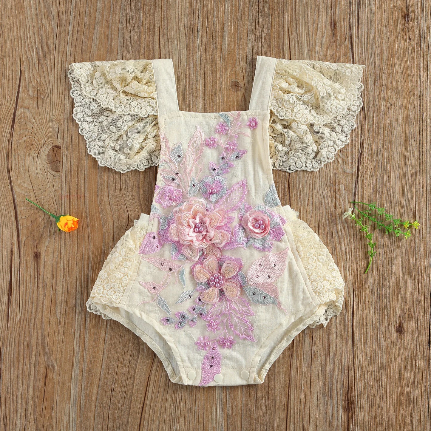 0-24M Princess Baby Girls Bodysuits Lace Flowers Print Ruffles Short Sleeve Jumpsuits