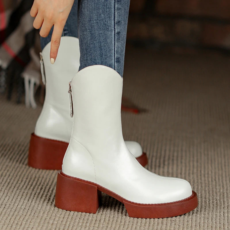 Women's Genuine Leather Chunky Heels Ankle Boots