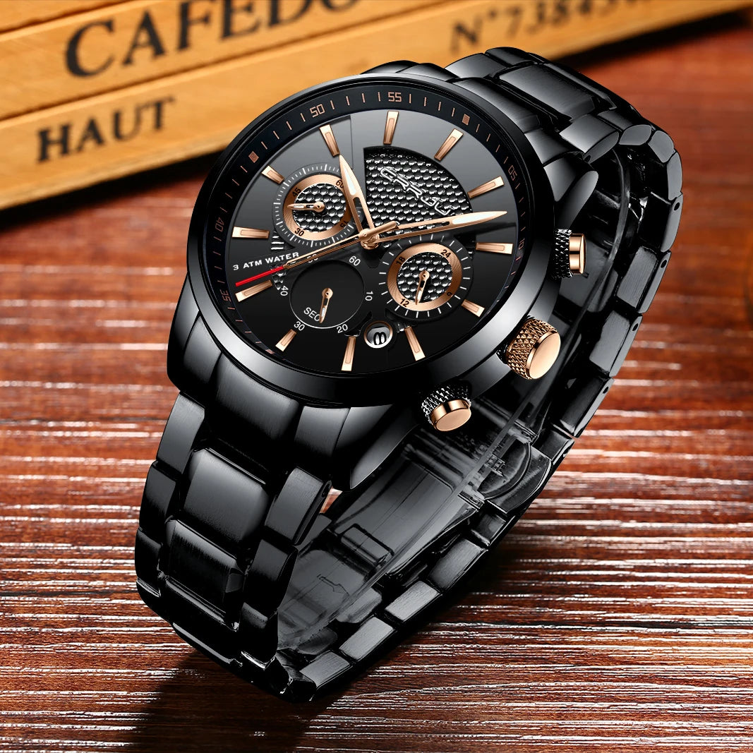 Men's Military Sports Watch - Waterproof Chronograph Gold Stainless Steel