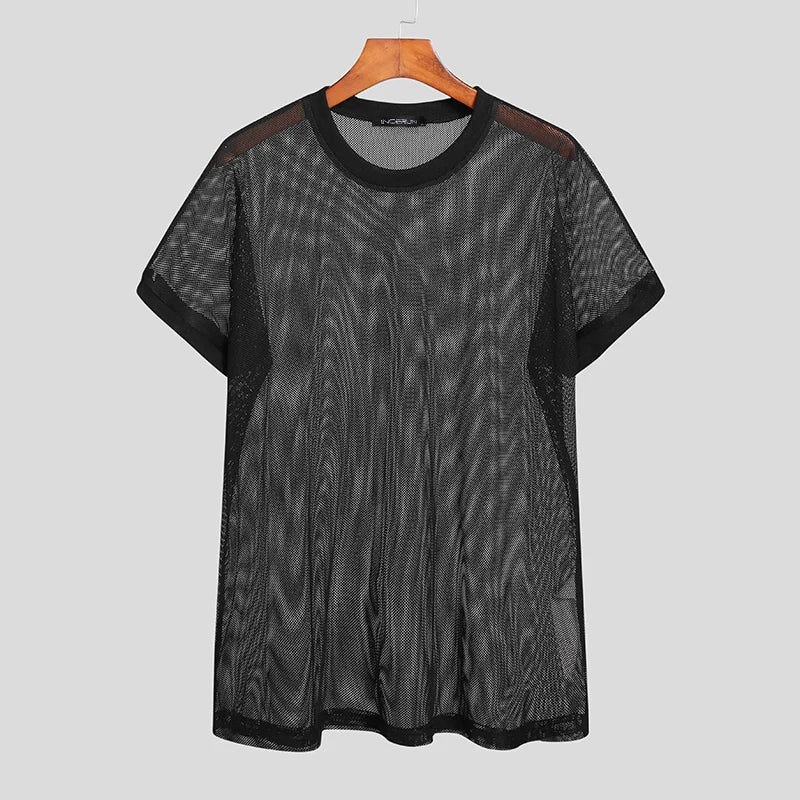 Men's Round Neck Short Sleeve Mesh Transparent T-Shirt