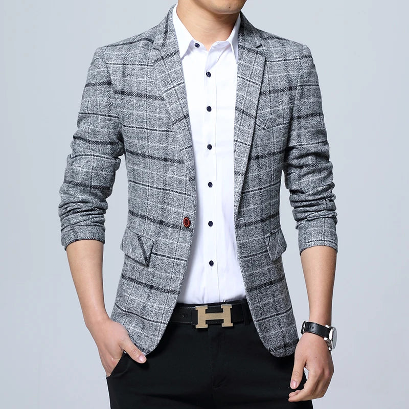 Men Blazers Slim Fit Plaid Blazer Jacket