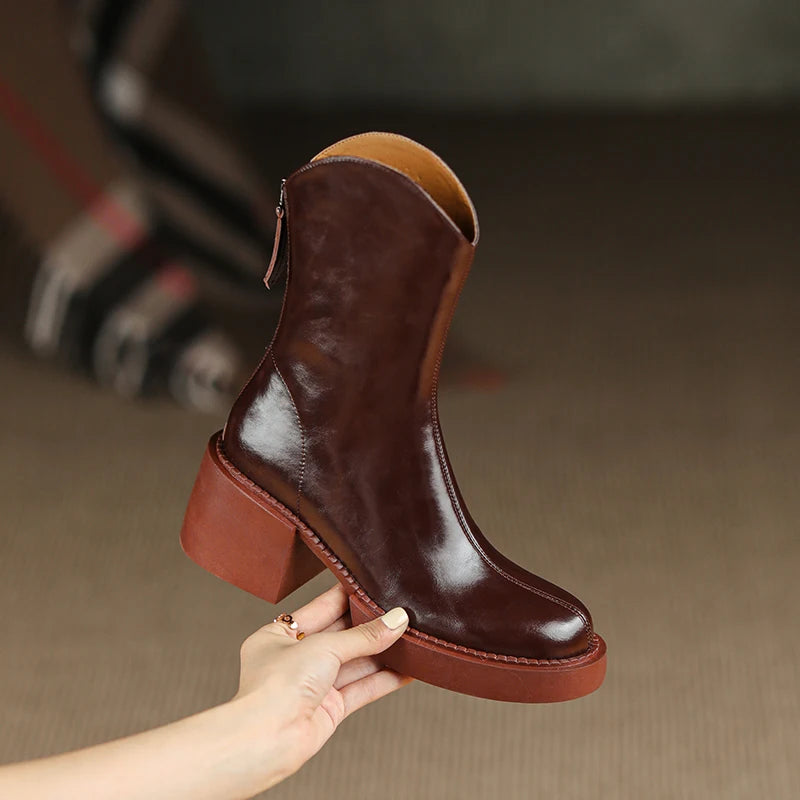 Women's Genuine Leather Chunky Heels Ankle Boots