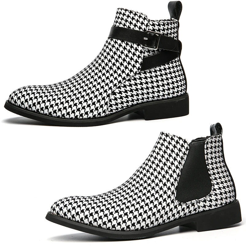 Men's Houndstooth Ankle Boots - Leather Buckle Dress Shoes