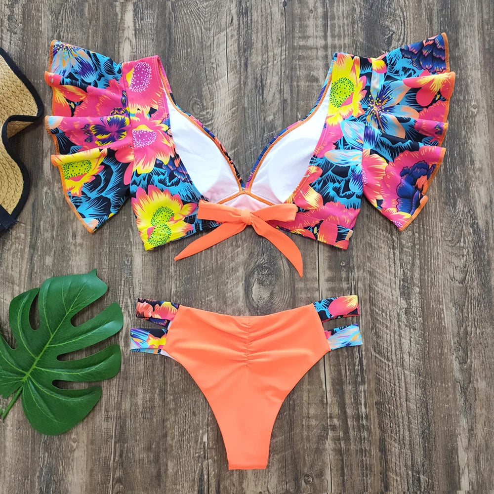 Women's Bikini Ruffle Floral Push Up Swimsuit Set