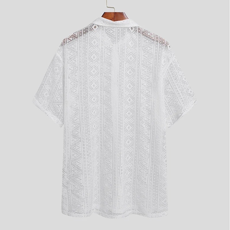 Men Mesh See Through Lapel Short Sleeve Lace Button Shirt