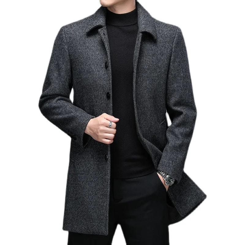 Men's Winter Long Overcoat Turn Down Collar Wool Blends Jacket