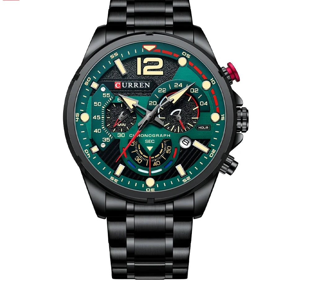 Premium Green Stainless Steel Quartz Watch - Waterproof Sport Chronograph