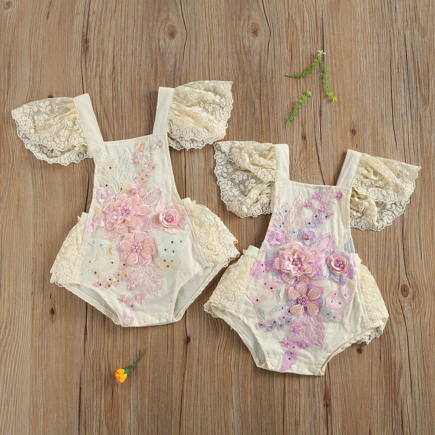 0-24M Princess Baby Girls Bodysuits Lace Flowers Print Ruffles Short Sleeve Jumpsuits