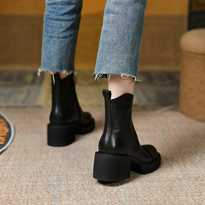 Women's Genuine Leather Platform Chunky Ankle Boots